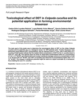Toxicological Effect of DDT in Colpoda Cucullus and Its Potential Application in Forming Environmental Biosensor