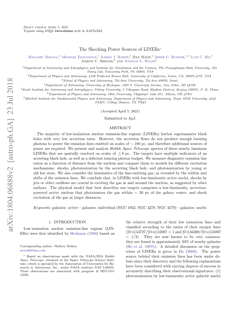 Arxiv:1804.06888V2 [Astro-Ph.GA] 23 Jul 2018 Ers) Were ﬁrst Identiﬁed by Heckman(1980) Based on ([O II]Λ3727/[O III]Λ5007 > 1 and [O I]Λ6300/[O III]Λ5007 > 1/3)