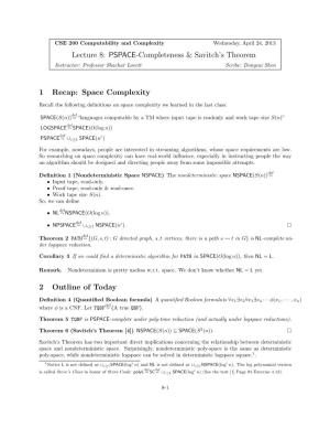 PSPACE-Completeness & Savitch's Theorem 1 Recap