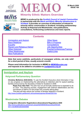 Minority Ethnic Matters Overview Contents Immigration and Asylum