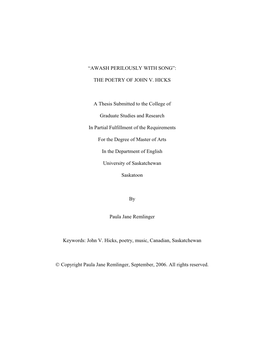 THE POETRY of JOHN V. HICKS a Thesis Submitted to The