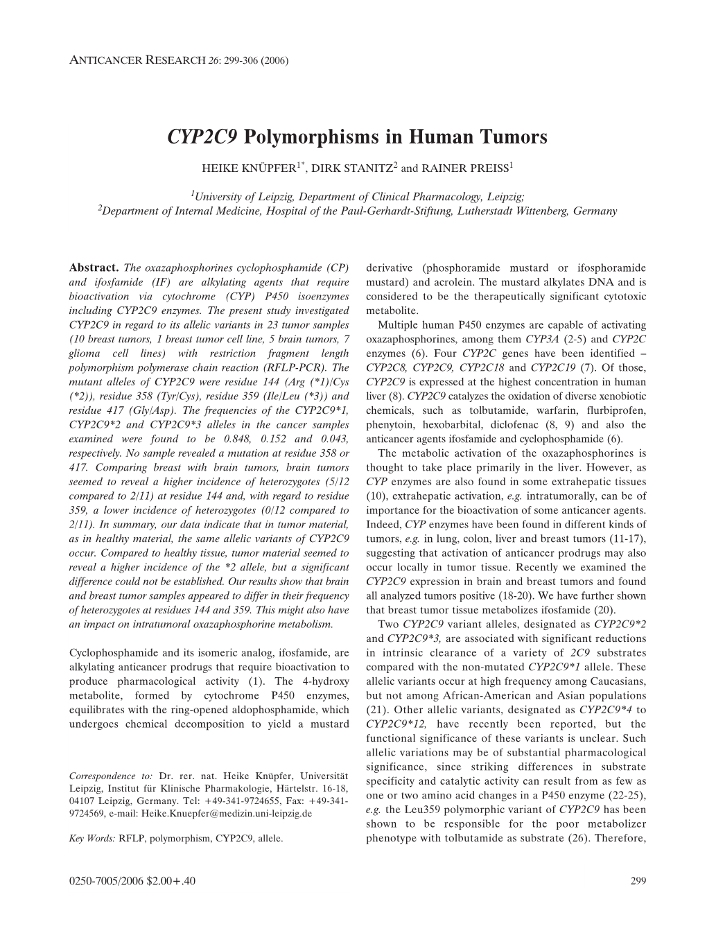CYP2C9 Polymorphisms in Human Tumors