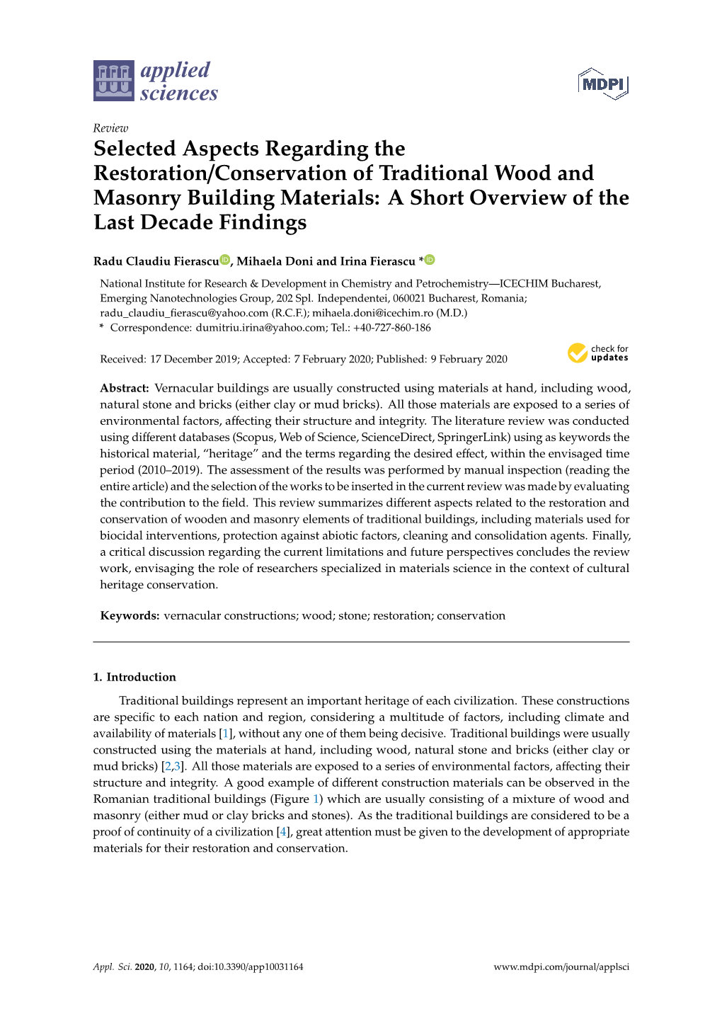 Selected Aspects Regarding the Restoration/Conservation of Traditional Wood and Masonry Building Materials: a Short Overview of the Last Decade Findings