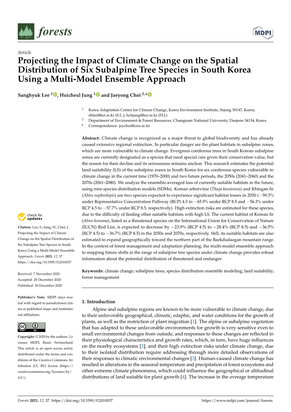 Projecting the Impact of Climate Change on the Spatial Distribution of Six Subalpine Tree Species in South Korea Using a Multi-Model Ensemble Approach