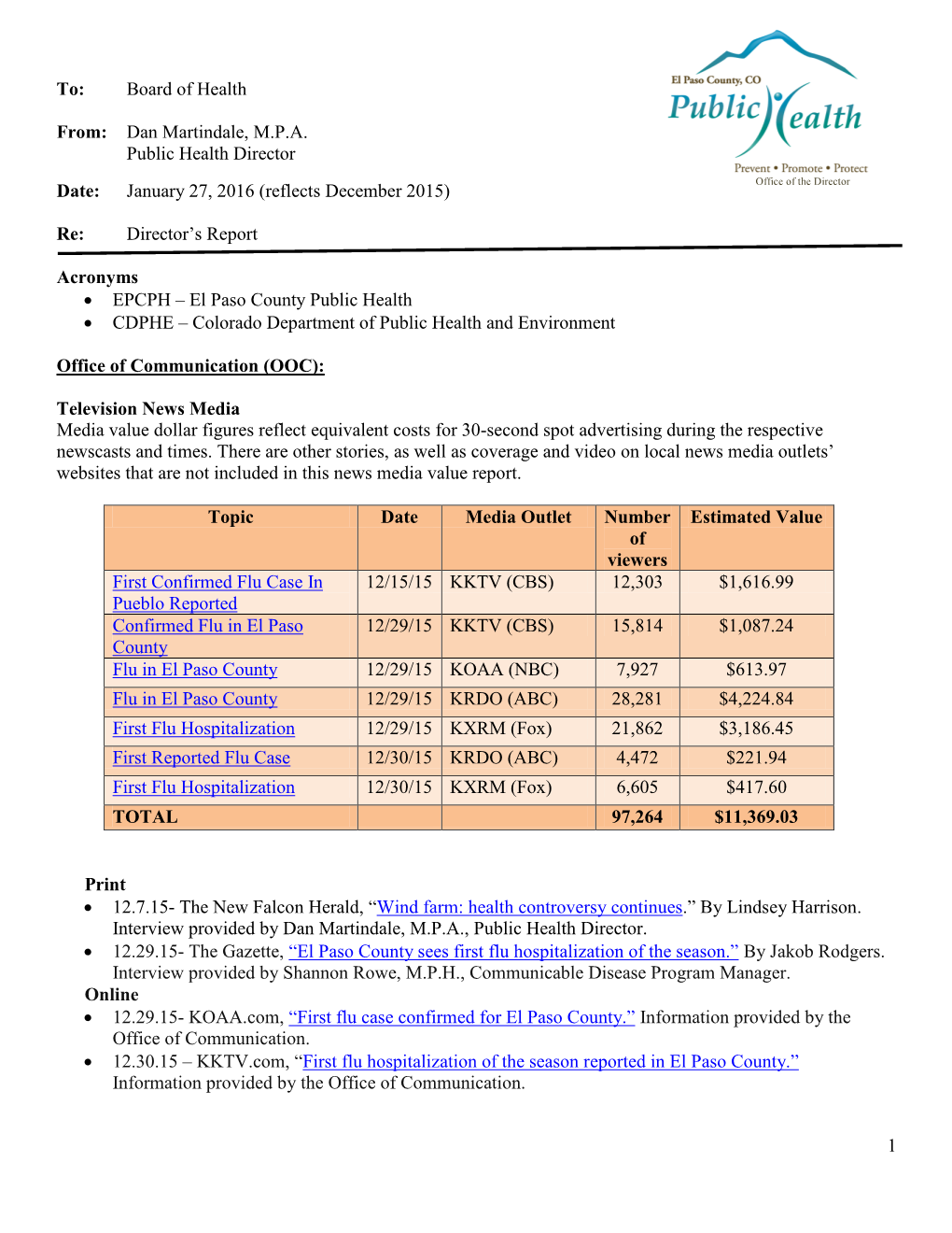 Dan Martindale, MPA Public Health Director Date: January 27, 2016