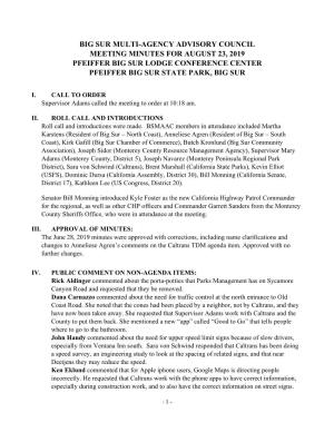 Big Sur Multi-Agency Advisory Council Meeting Minutes for August 23, 2019 Pfeiffer Big Sur Lodge Conference Center Pfeiffer Big Sur State Park, Big Sur