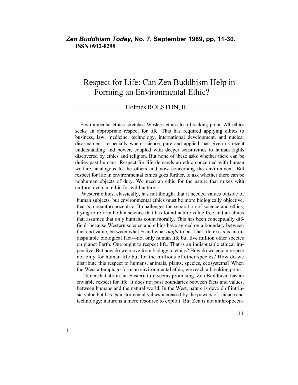 Respect for Life: Can Zen Buddhism Help in Forming an Environmental Ethic?
