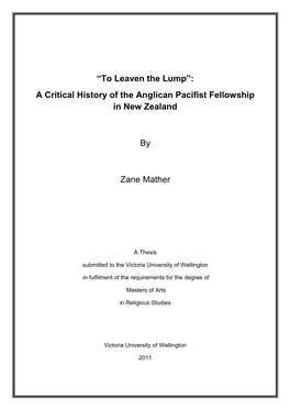 “To Leaven the Lump”: a Critical History of the Anglican Pacifist Fellowship in New Zealand