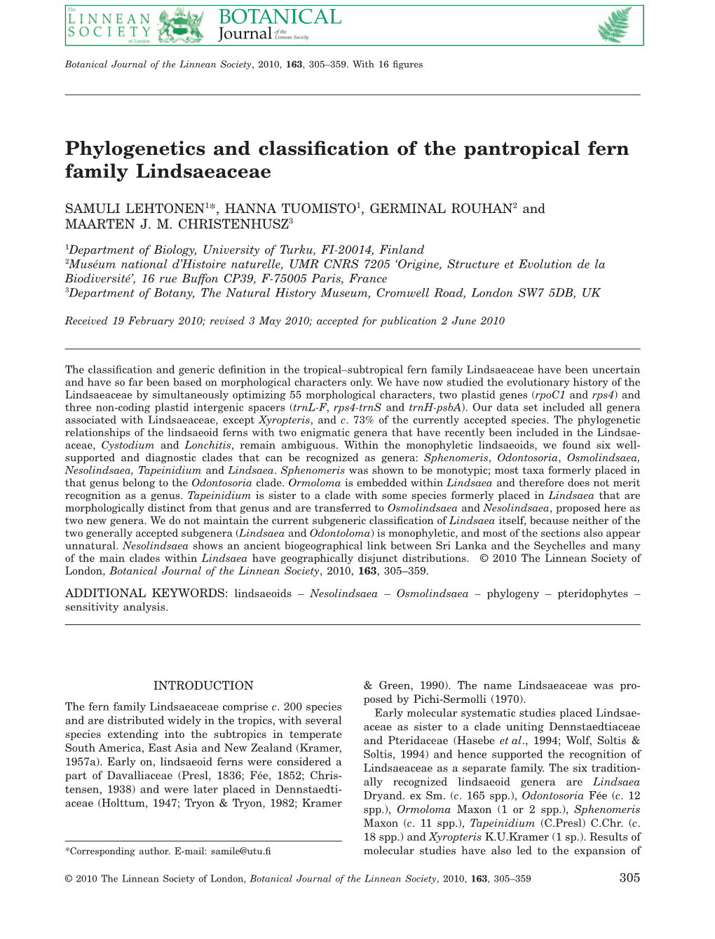 Phylogenetics and Classification of the Pantropical Fern Family Lindsaeaceae