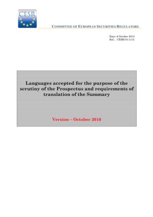 Languages Accepted for the Purpose of the Scrutiny of the Prospectus and Requirements of Translation of the Summary