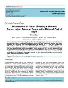 Enumeration of Lichen Diversity in Manaslu Conservation Area and Sagarmatha National Park of Nepal