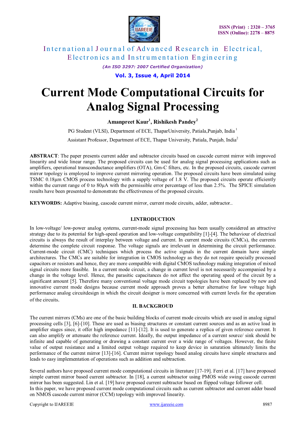 Current Mode Computational Circuits for Analog Signal Processing