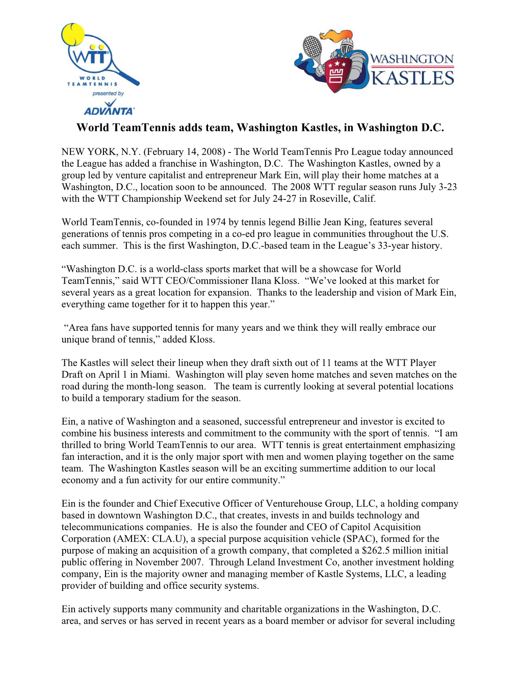 The World Teamtennis Pro League Today Announced the League Has Added a Franchise in Washington, D.C