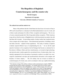 The Biopolitics of Baghdad: Counterinsurgency and the Counter-City Derek Gregory