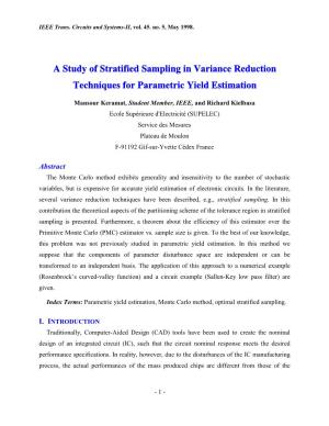 A Study of Stratified Sampling in Variance Reduction Techniques for Parametric Yield Estimation
