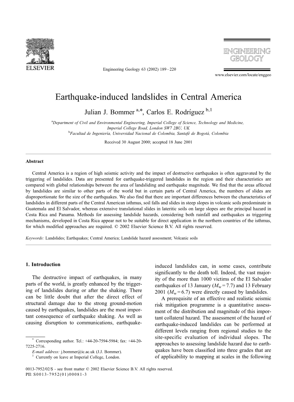 Earthquake-Induced Landslides in Central America