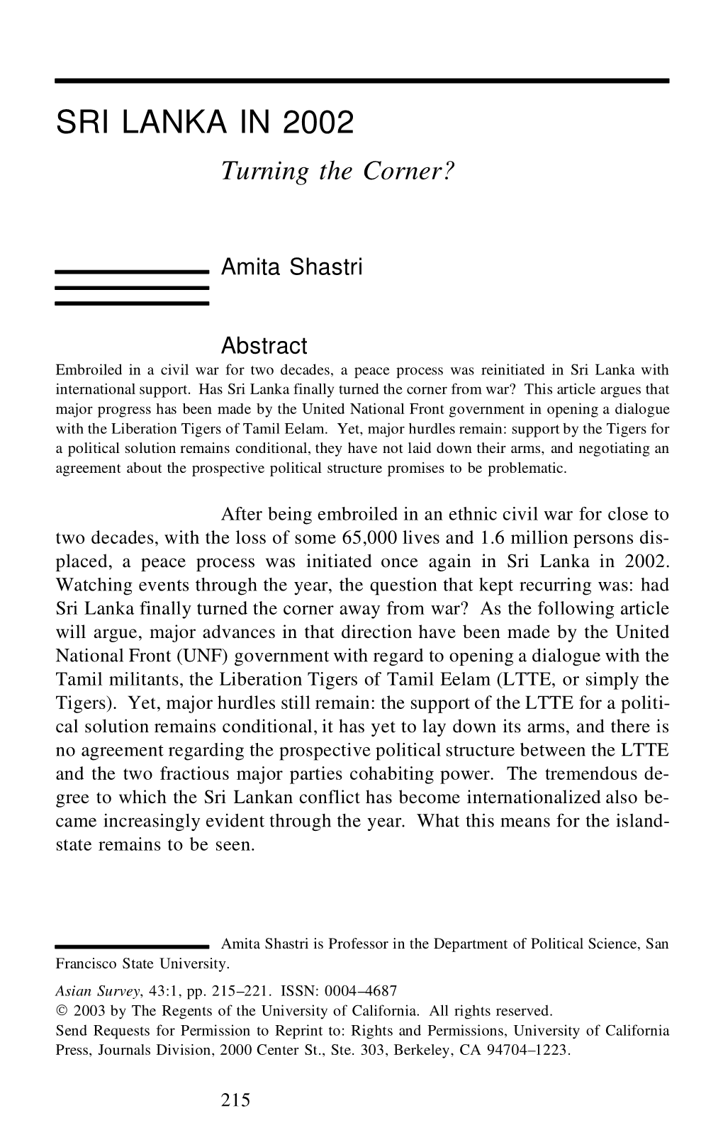 Sri Lanka in 2002: Turning the Corner?