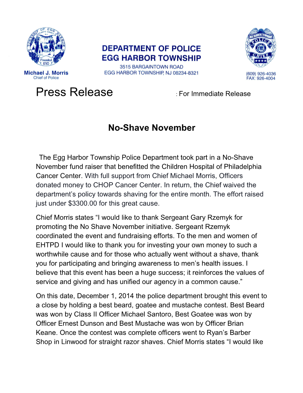 Press Release : for Immediate Release