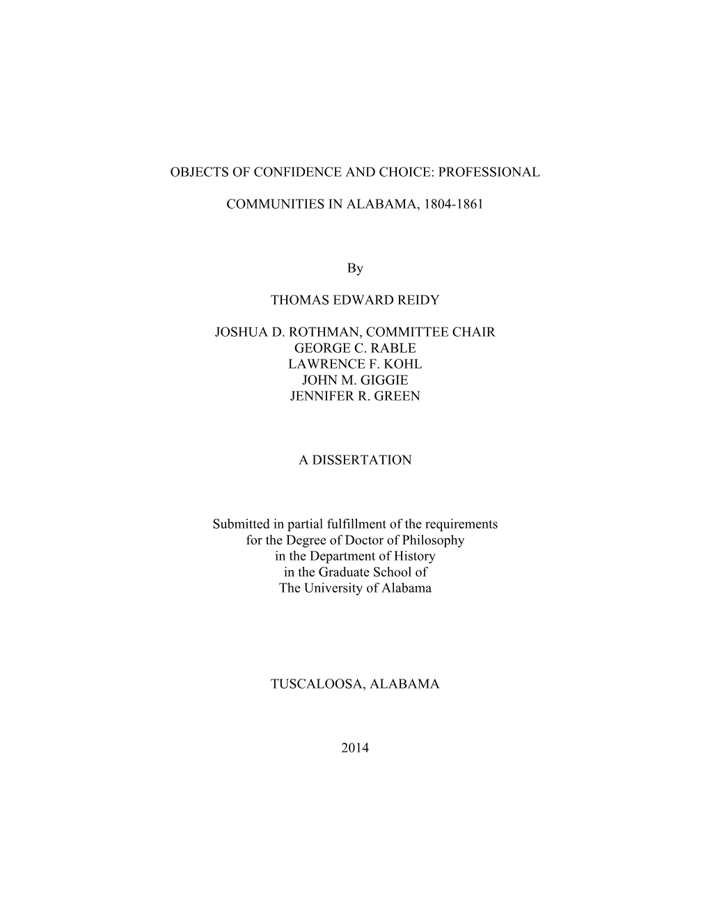 Professional Communities in Alabama, from 1804 to 1861