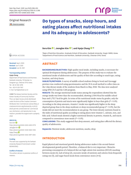 Do Types of Snacks, Sleep Hours, and Eating Places Affect Nutritional Intakes and Its Adequacy in Adolescents?