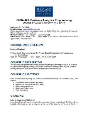 BUSA 423: Business Analytics Programming COURSE SYLLABUS: Fall 2019 (01E 83133)