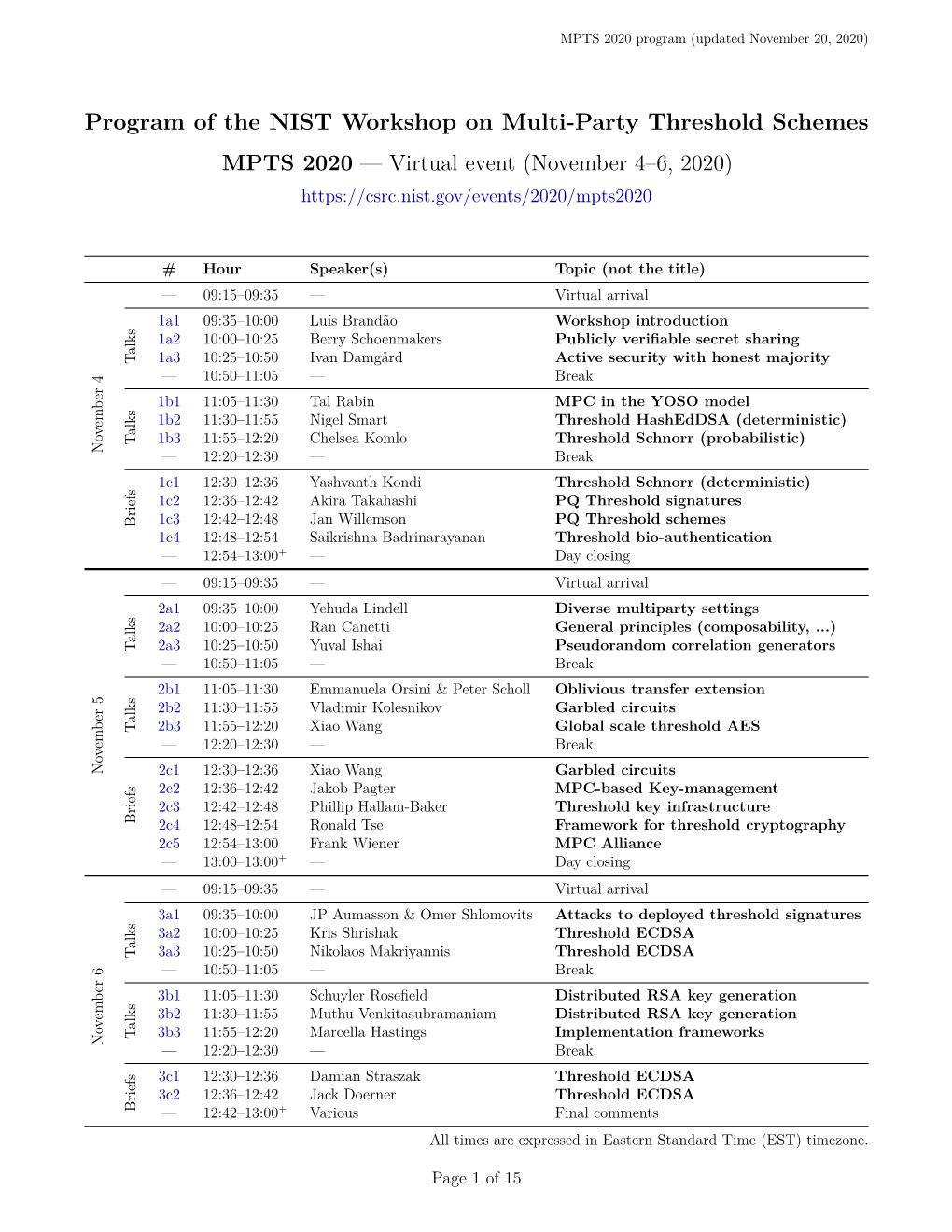 Program of the NIST Workshop on Multi-Party Threshold Schemes MPTS 2020 — Virtual Event (November 4–6, 2020)