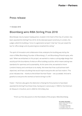 Press Release Bloomberg Wins RIBA Stirling Prize 2018