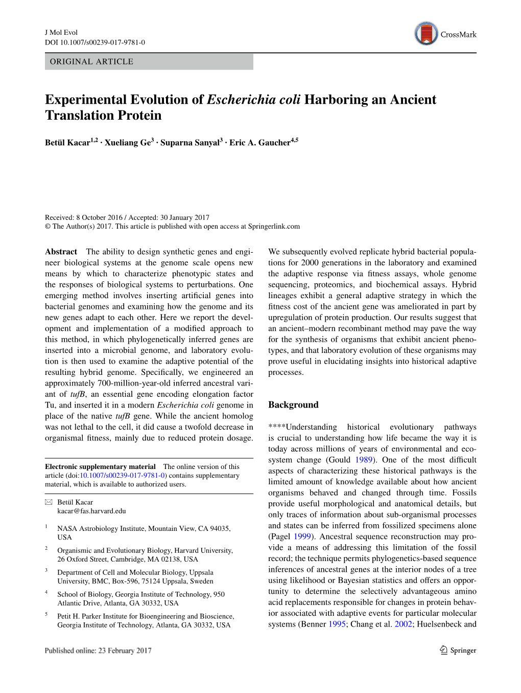 Experimental Evolution of Escherichia Coli Harboring an Ancient Translation Protein