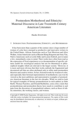 Postmodern Motherhood and Ethnicity: Maternal Discourse in Late Twentieth-Century American Literature