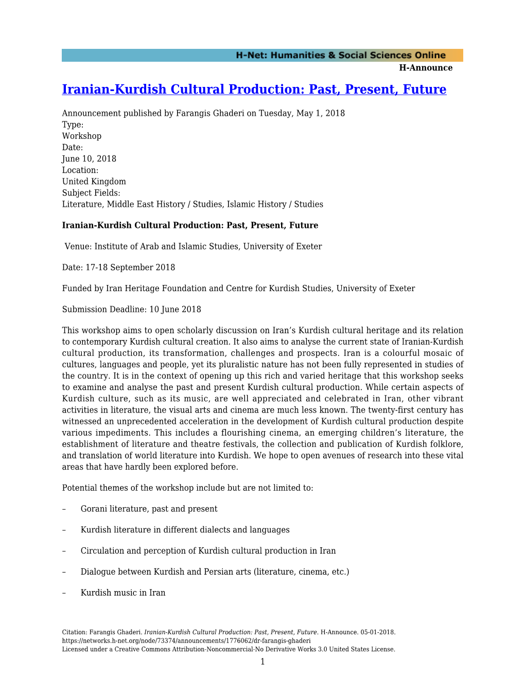 Iranian-Kurdish Cultural Production: Past, Present, Future