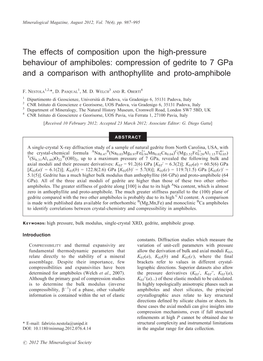 The Effects of Composition Upon the High-Pressure Behaviour of Amphiboles: Compression of Gedrite to 7 Gpa and a Comparison with Anthophyllite and Proto-Amphibole