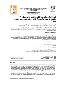 Productivity and Land Equivalent Ratio of Intercropping Cotton with Some Winter Crops in Egypt