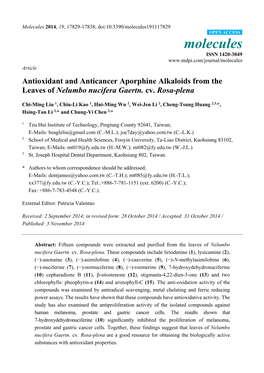 Antioxidant and Anticancer Aporphine Alkaloids from the Leaves of Nelumbo Nucifera Gaertn