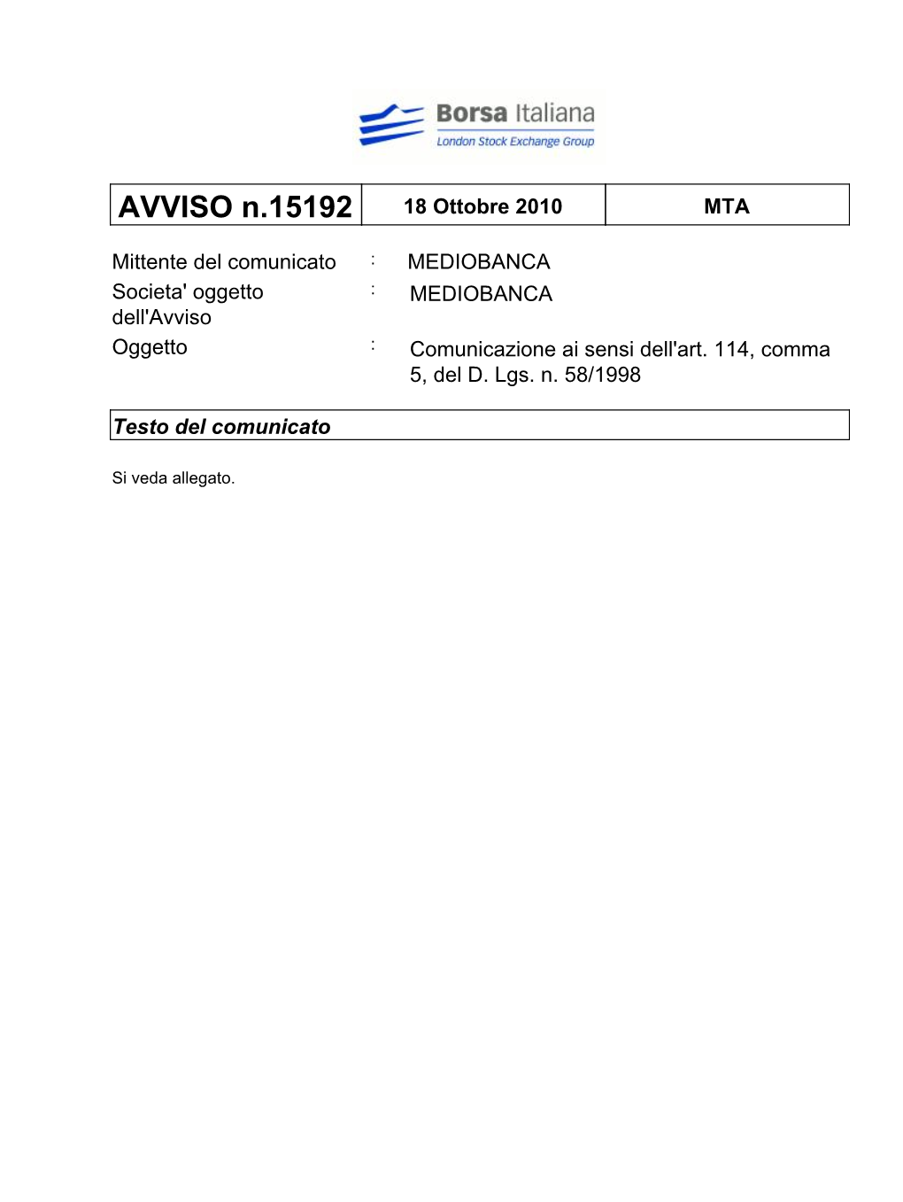 AVVISO N.15192 18 Ottobre 2010 MTA