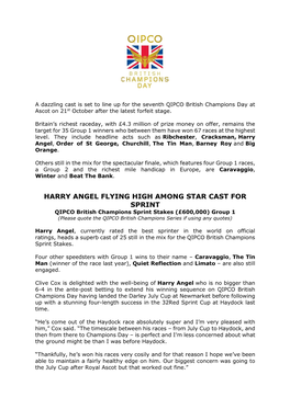 Harry Angel Flying High Among Star Cast for Sprint
