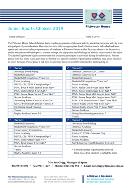 Junior Sports Choices 2019