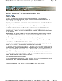Mashpee Wampanoag Tribe Loses Exclusive Casino Rights | Capecodonline.Com Page 1 of 1