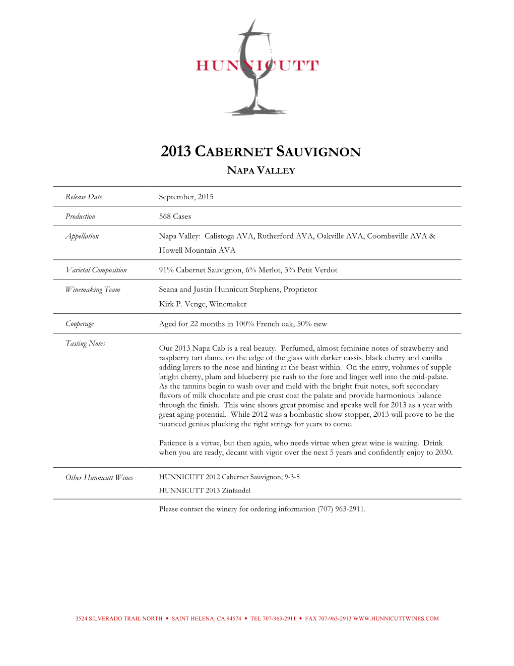 2013 HUNN Cabernet Sauvignon, Napa Valley FINAL