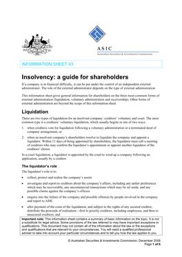 Insolvency: a Guide for Shareholders If a Company Is in Financial Difficulty, It Can Be Put Under the Control of an Independent External Administrator