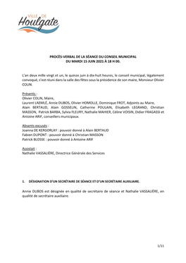 Procès-Verbal De La Séance Du Conseil Municipal Du Mardi 15 Juin 2021 À 18 H 00