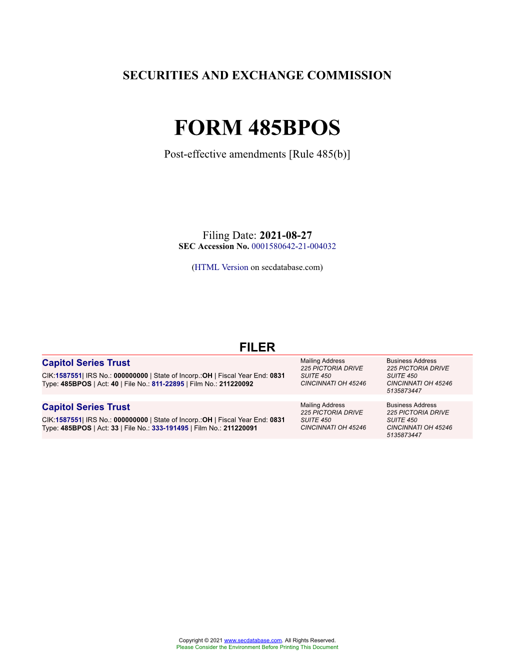 Capitol Series Trust Form 485BPOS Filed 2021-08-27