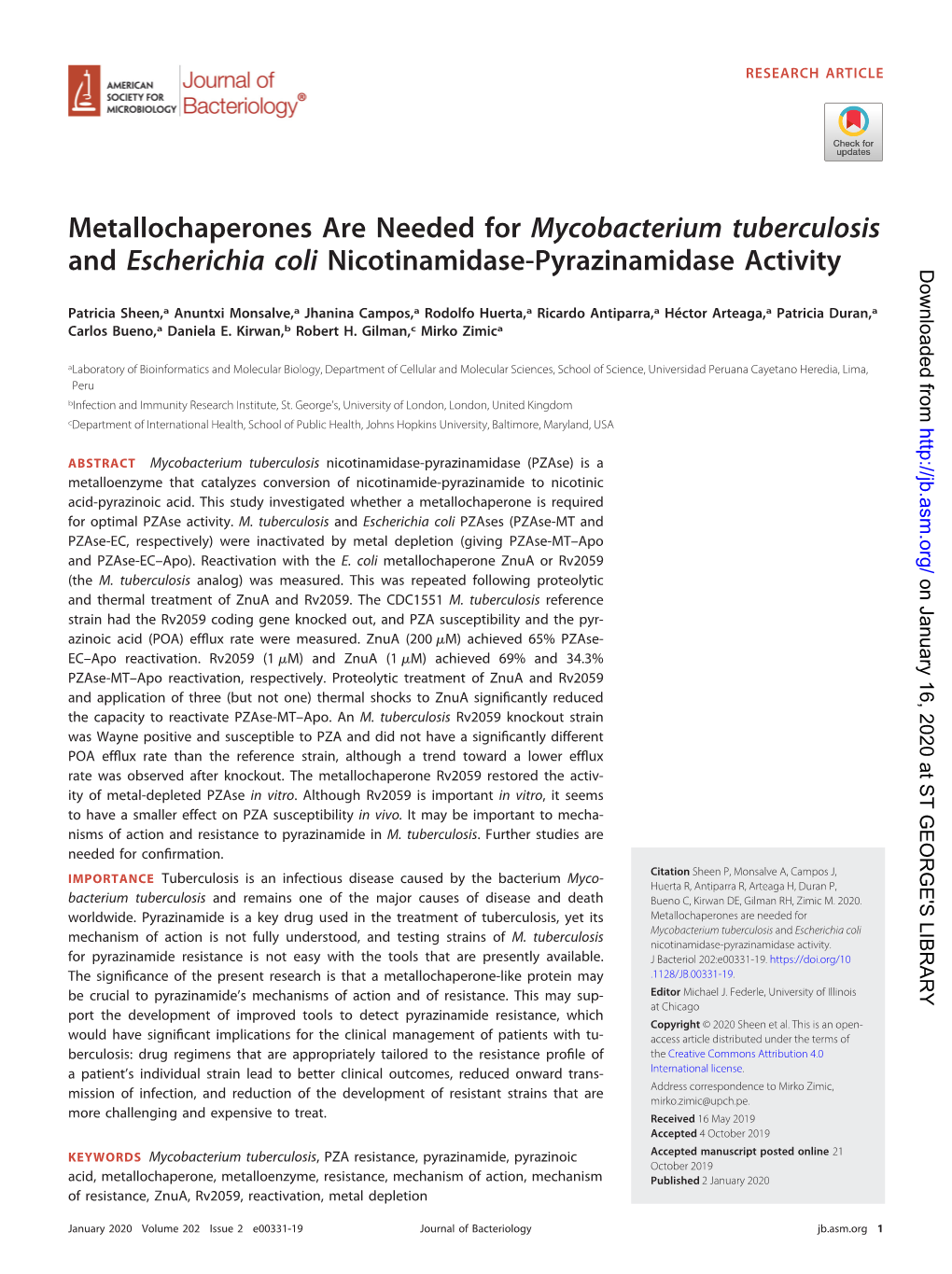 Metallochaperones Are Needed for Mycobacterium Tuberculosis And