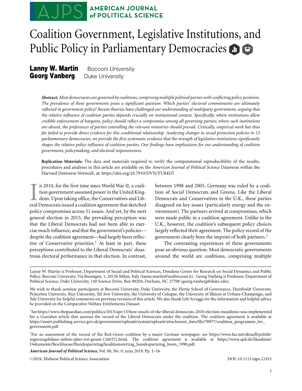 Coalition Government, Legislative Institutions, and Public Policy in Parliamentary Democracies