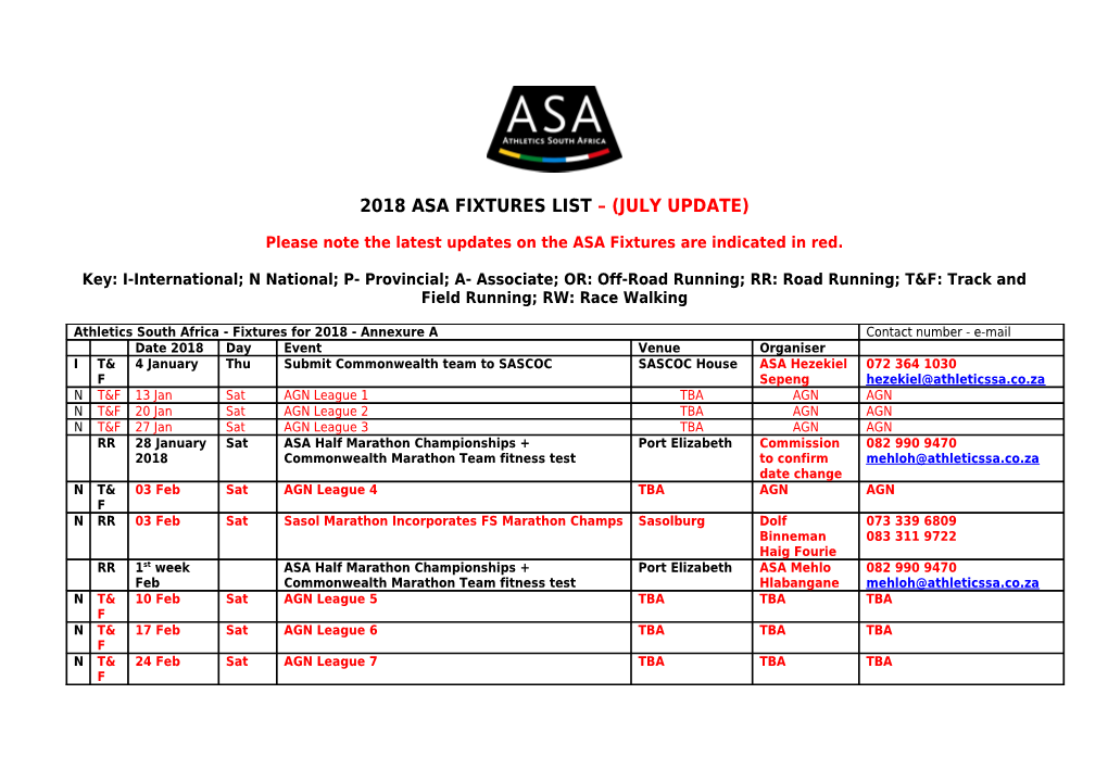 Please Note the Latest Updates on the ASA Fixtures Are Indicated in Red