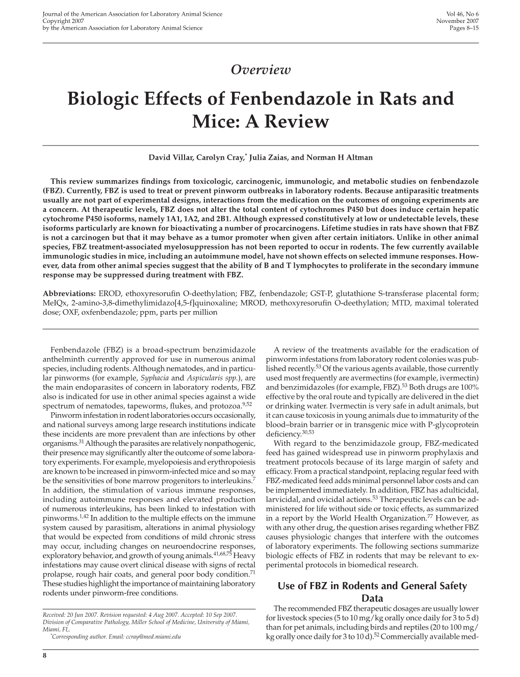 Biologic Effects of Fenbendazole in Rats and Mice: a Review