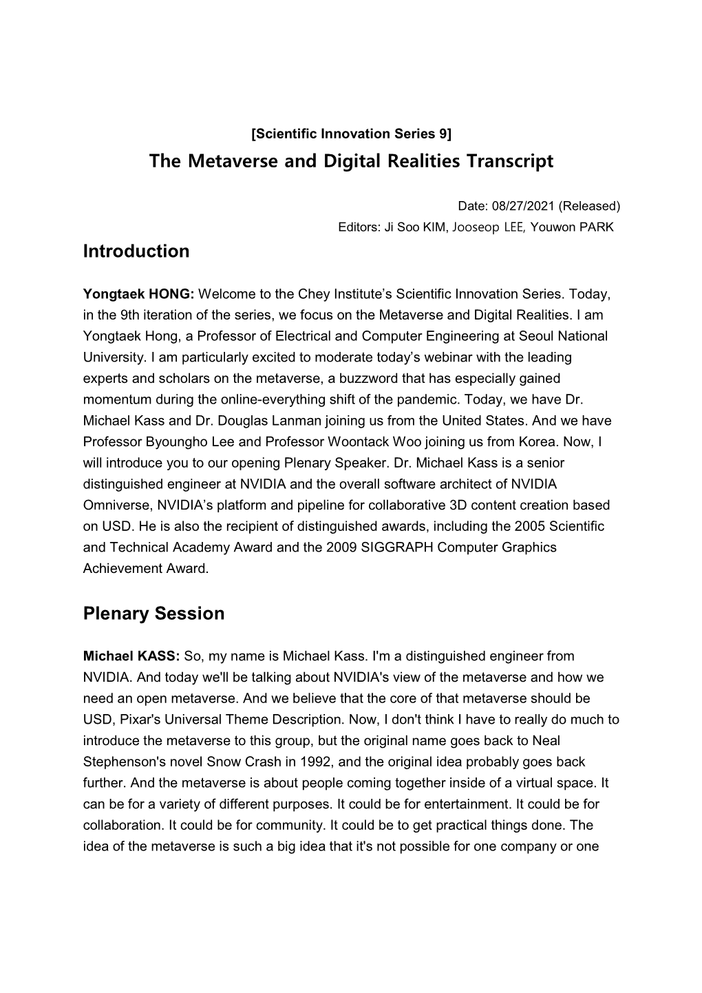 The Metaverse and Digital Realities Transcript Introduction Plenary