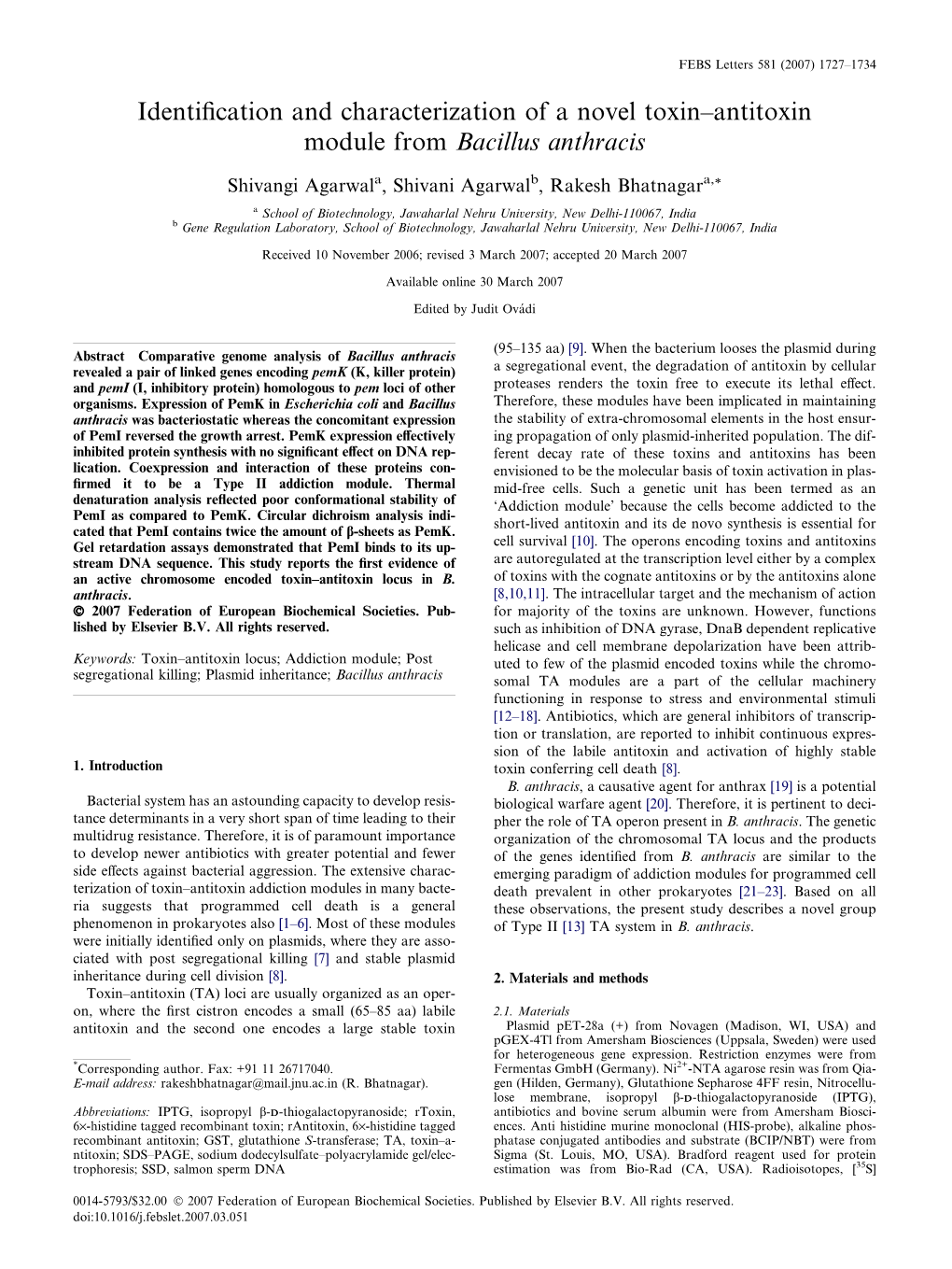 Identification and Characterization of a Novel Toxin–Antitoxin Module From