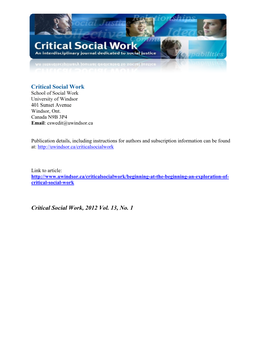 Critical Social Work Critical Social Work, 2012 Vol. 13, O. 1