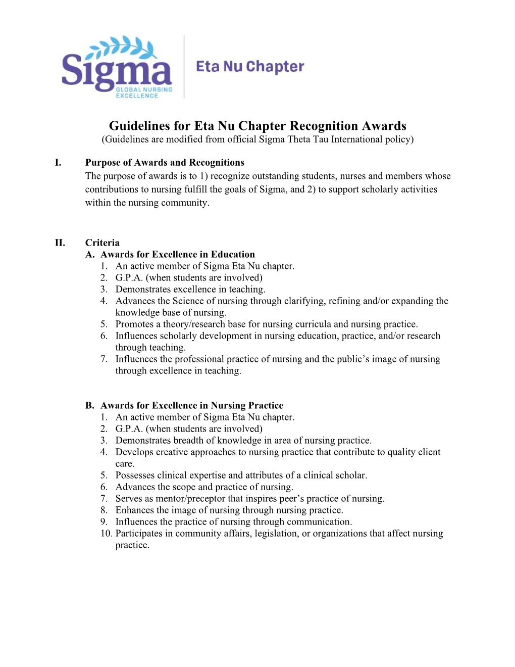 Guidelines for Eta Nu Chapter Recognition Awards and Grants