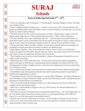 Schools Rd Th Facts of India Sports(Grade 3 – 12 )
